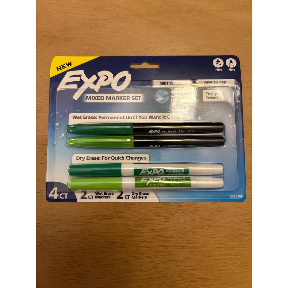 New Expo 4ct Fine Mixed 2 Dry Erase /2 Wet Erase Markers Assorted Green